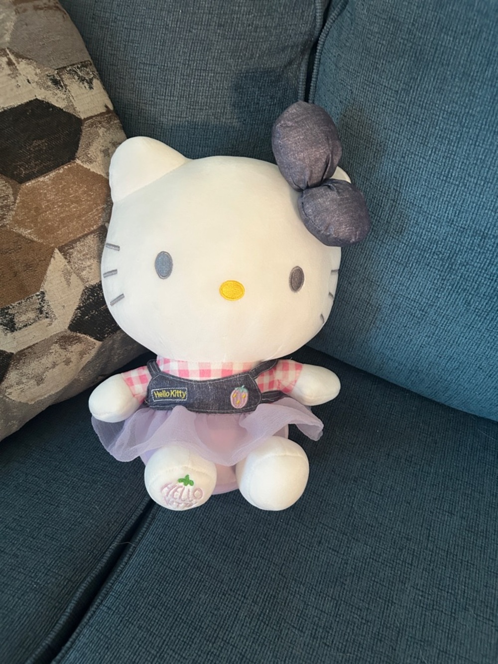 Hello Kitty large White Plush with Pink Gingham Top and Purple Bow